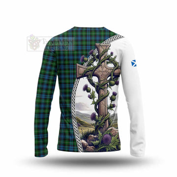 Lamont Tartan Long Sleeve T-Shirt with Family Crest and St. Andrew's Cross Accented by Thistle Vines