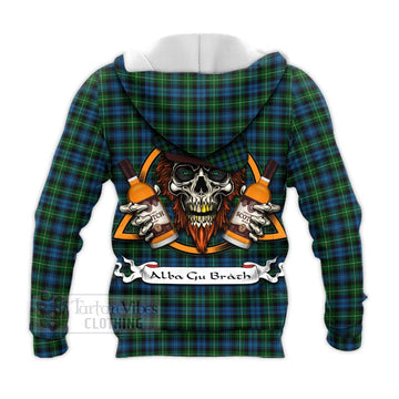 Lamont Tartan Knitted Hoodie with Family Crest and Bearded Skull Holding Bottles of Whiskey