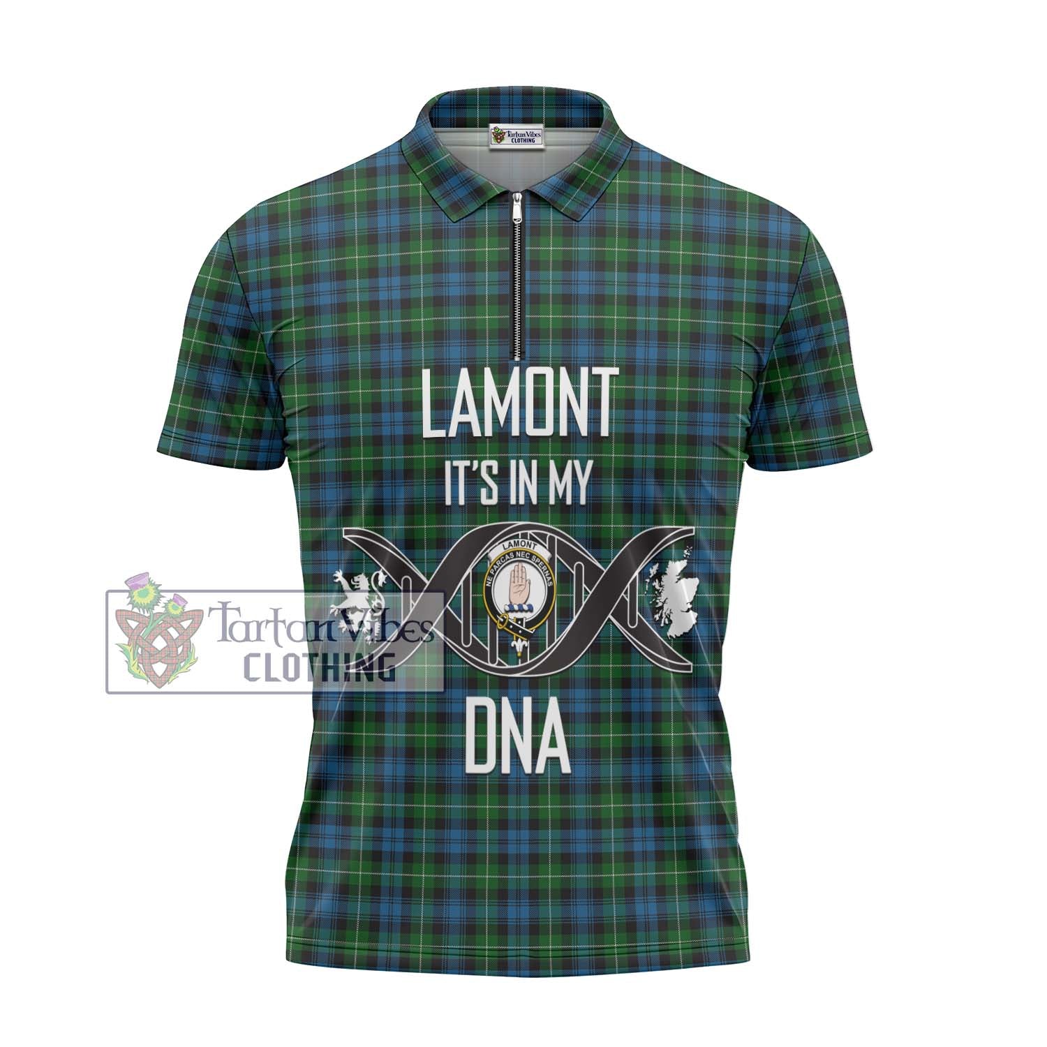 Lamont Tartan Zipper Polo Shirt with Family Crest DNA In Me Style - Tartanvibesclothing Shop