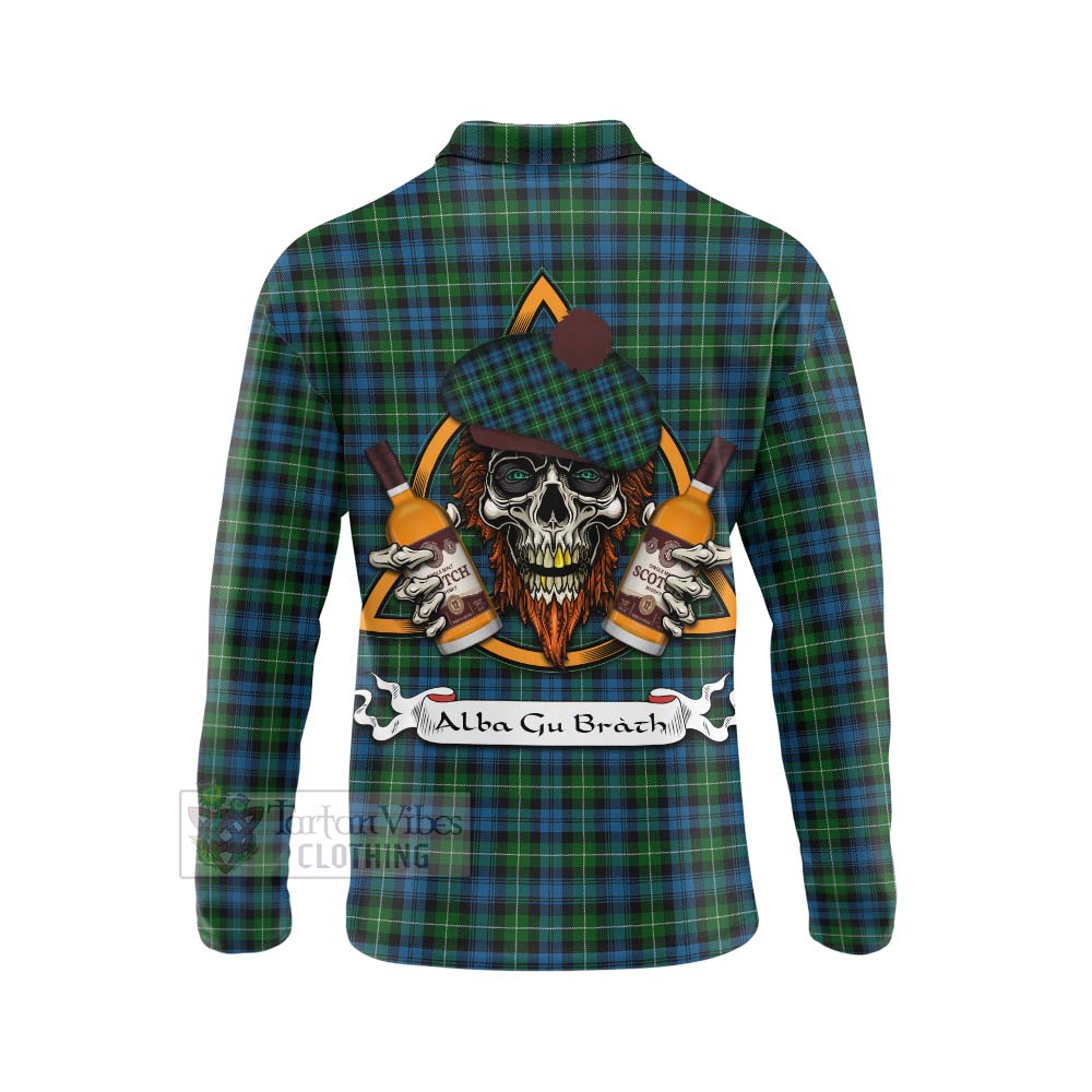 Tartan Vibes Clothing Lamont Tartan Long Sleeve Polo Shirt with Family Crest and Bearded Skull Holding Bottles of Whiskey