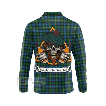 Lamont Tartan Long Sleeve Polo Shirt with Family Crest and Bearded Skull Holding Bottles of Whiskey