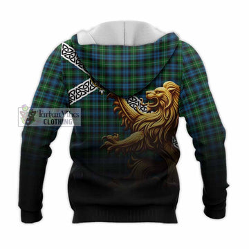 Lamont Crest Tartan Knitted Hoodie with Golden Lion Emblem Celtic Style - Tartan Vibes Clothing