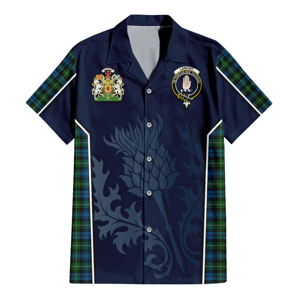 Tartan Vibes Clothing Lamont Tartan Short Sleeve Button Up Shirt with Family Crest and Scottish Thistle Vibes Sport Style