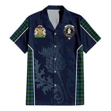 Lamont Tartan Short Sleeve Button Up Shirt with Family Crest and Scottish Thistle Vibes Sport Style