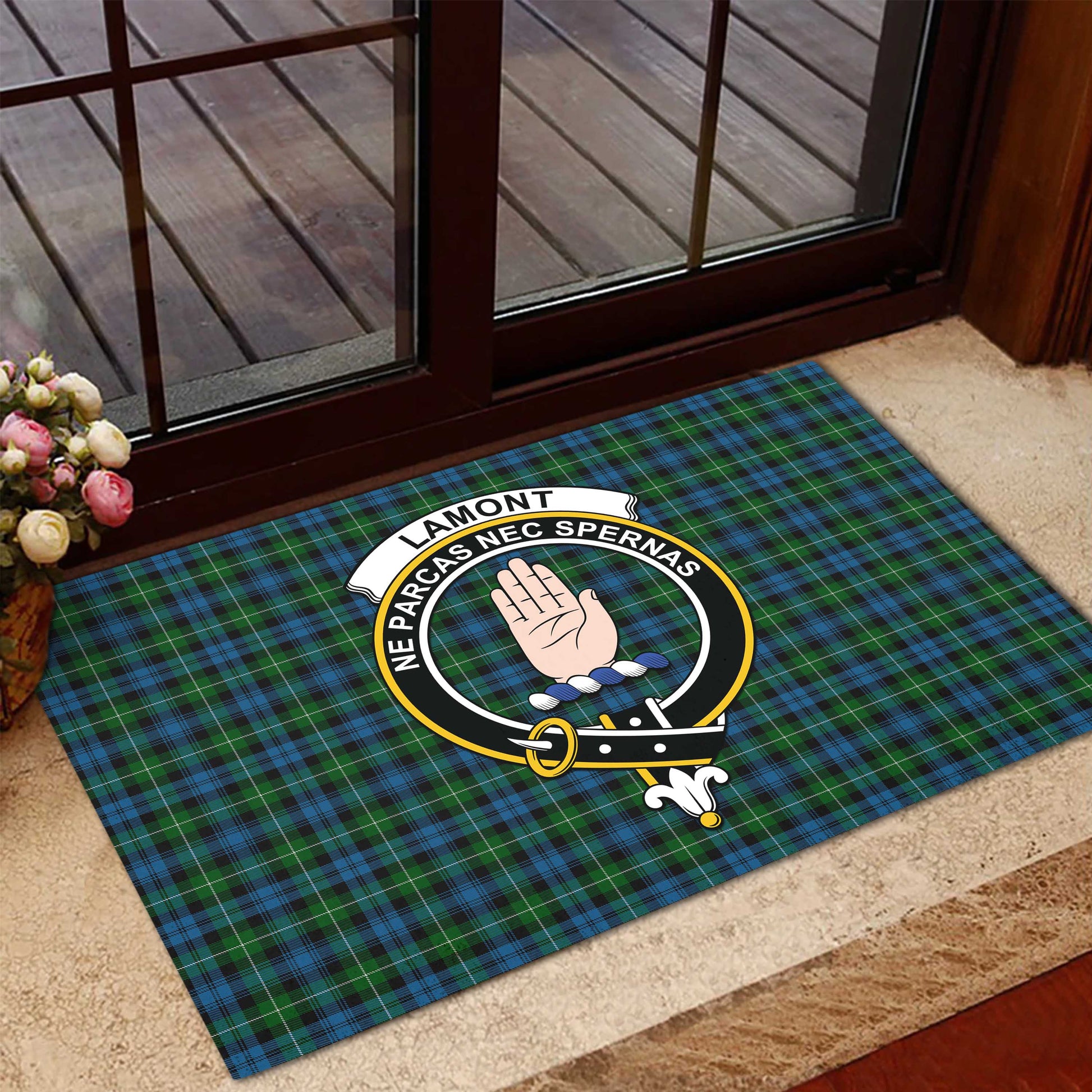 Lamont Tartan Door Mat with Family Crest - Tartanvibesclothing