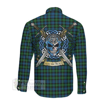 Lamont Tartan Long Sleeve Button Shirt with Family Crest Celtic Skull Style