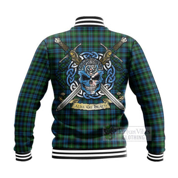 Lamont Tartan Baseball Jacket with Family Crest Celtic Skull Style