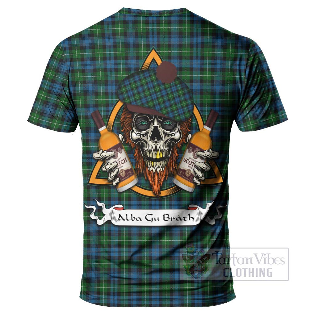 Tartan Vibes Clothing Lamont Tartan T-Shirt with Family Crest and Bearded Skull Holding Bottles of Whiskey