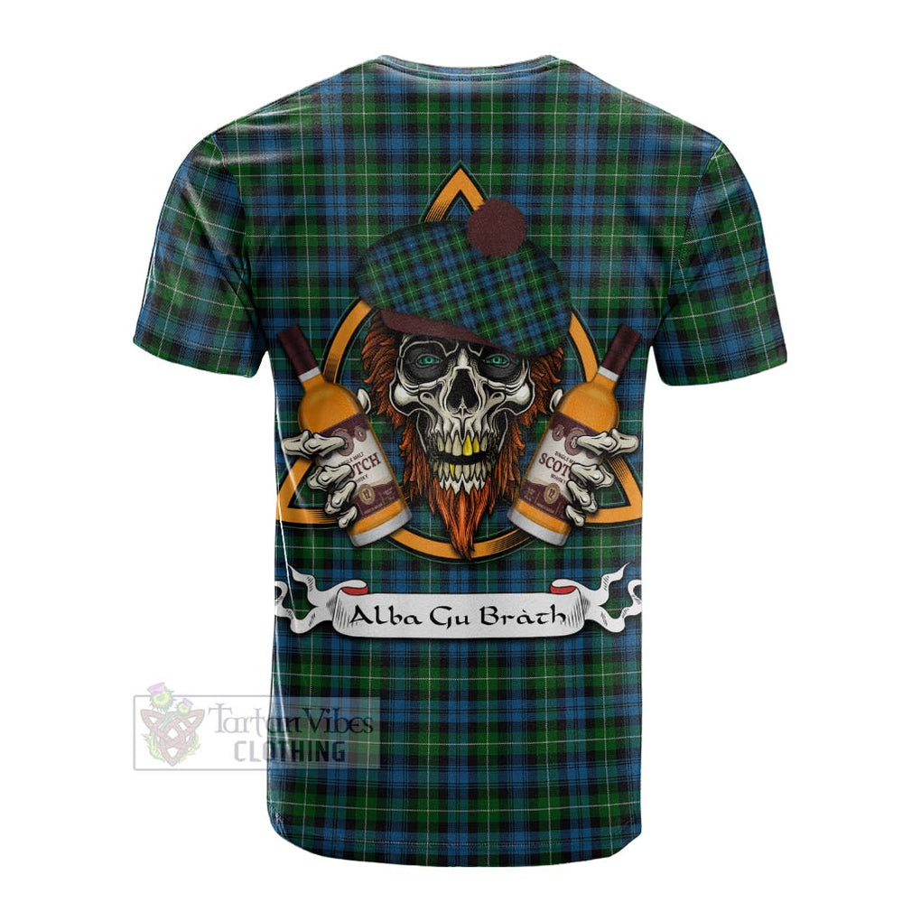 Tartan Vibes Clothing Lamont Tartan Cotton T-shirt with Family Crest and Bearded Skull Holding Bottles of Whiskey