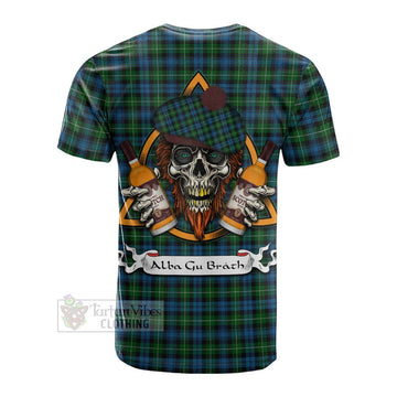 Lamont Tartan Cotton T-shirt with Family Crest and Bearded Skull Holding Bottles of Whiskey