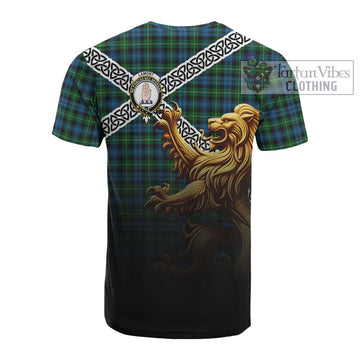 Lamont Crest Tartan Cotton T-shirt with Golden Lion Emblem Celtic Style - Tartan Vibes Clothing