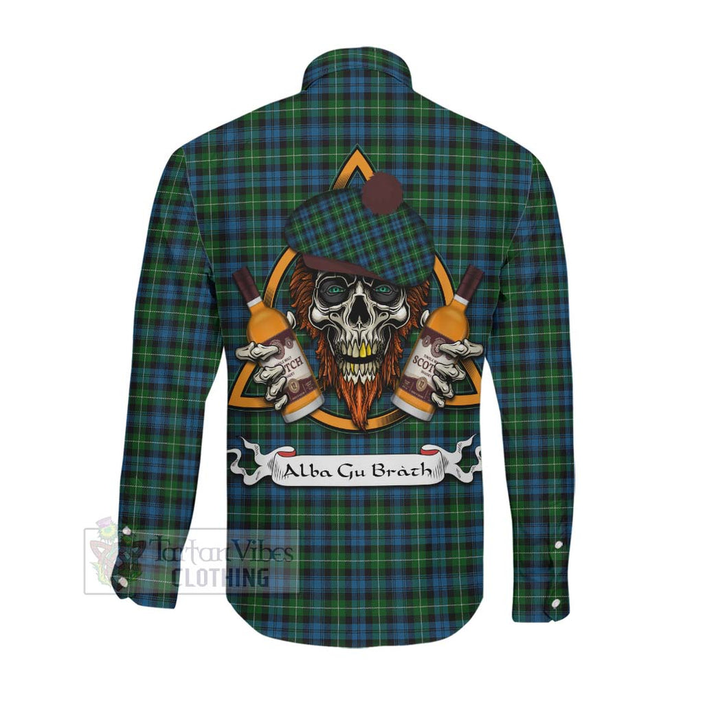 Tartan Vibes Clothing Lamont Tartan Long Sleeve Button Shirt with Family Crest and Bearded Skull Holding Bottles of Whiskey