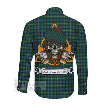 Lamont Tartan Long Sleeve Button Shirt with Family Crest and Bearded Skull Holding Bottles of Whiskey