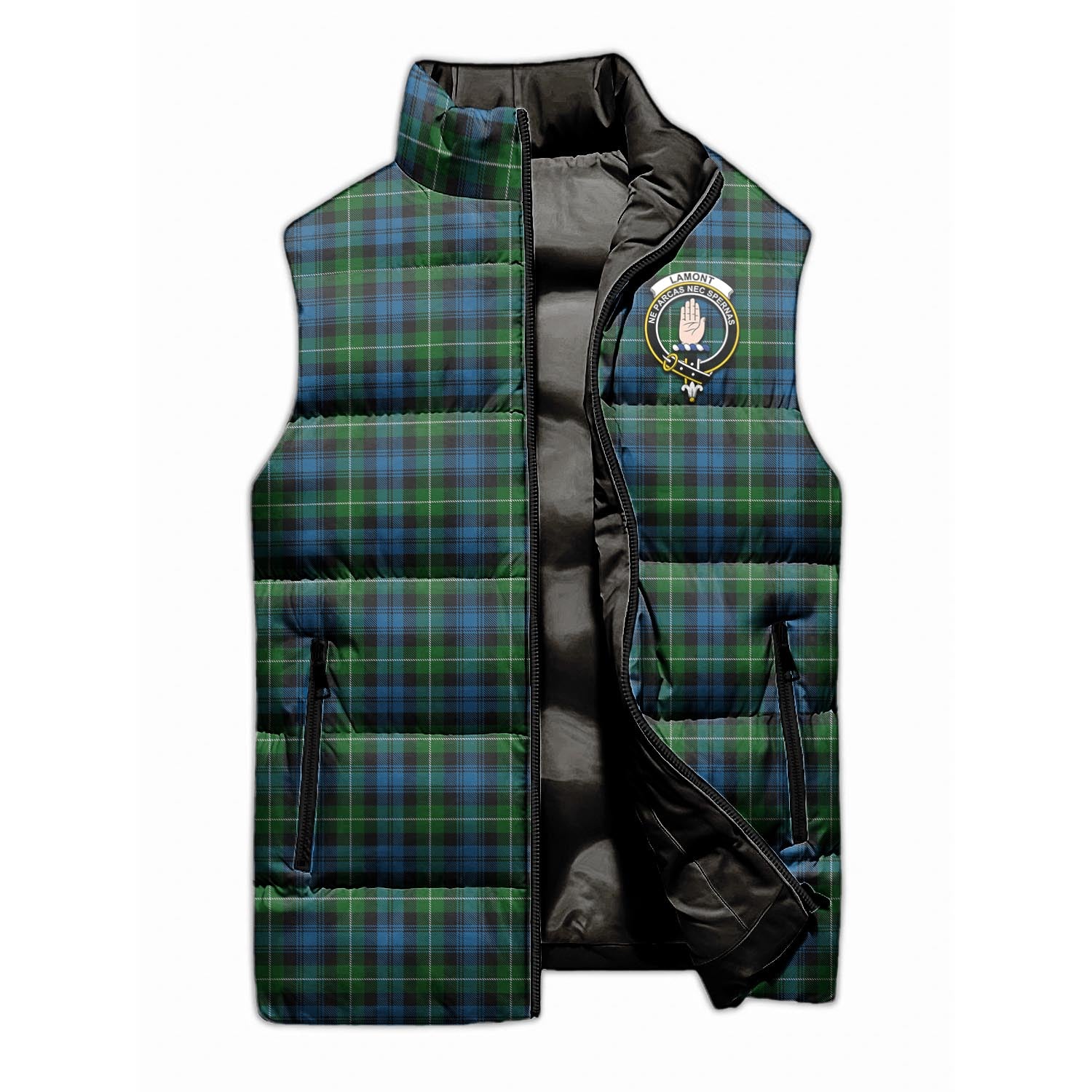 Lamont Tartan Sleeveless Puffer Jacket with Family Crest - Tartanvibesclothing