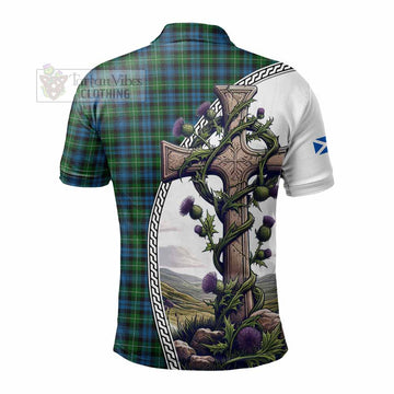 Lamont Tartan Polo Shirt with Family Crest and St. Andrew's Cross Accented by Thistle Vines