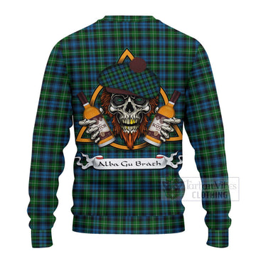 Lamont Tartan Ugly Sweater with Family Crest and Bearded Skull Holding Bottles of Whiskey