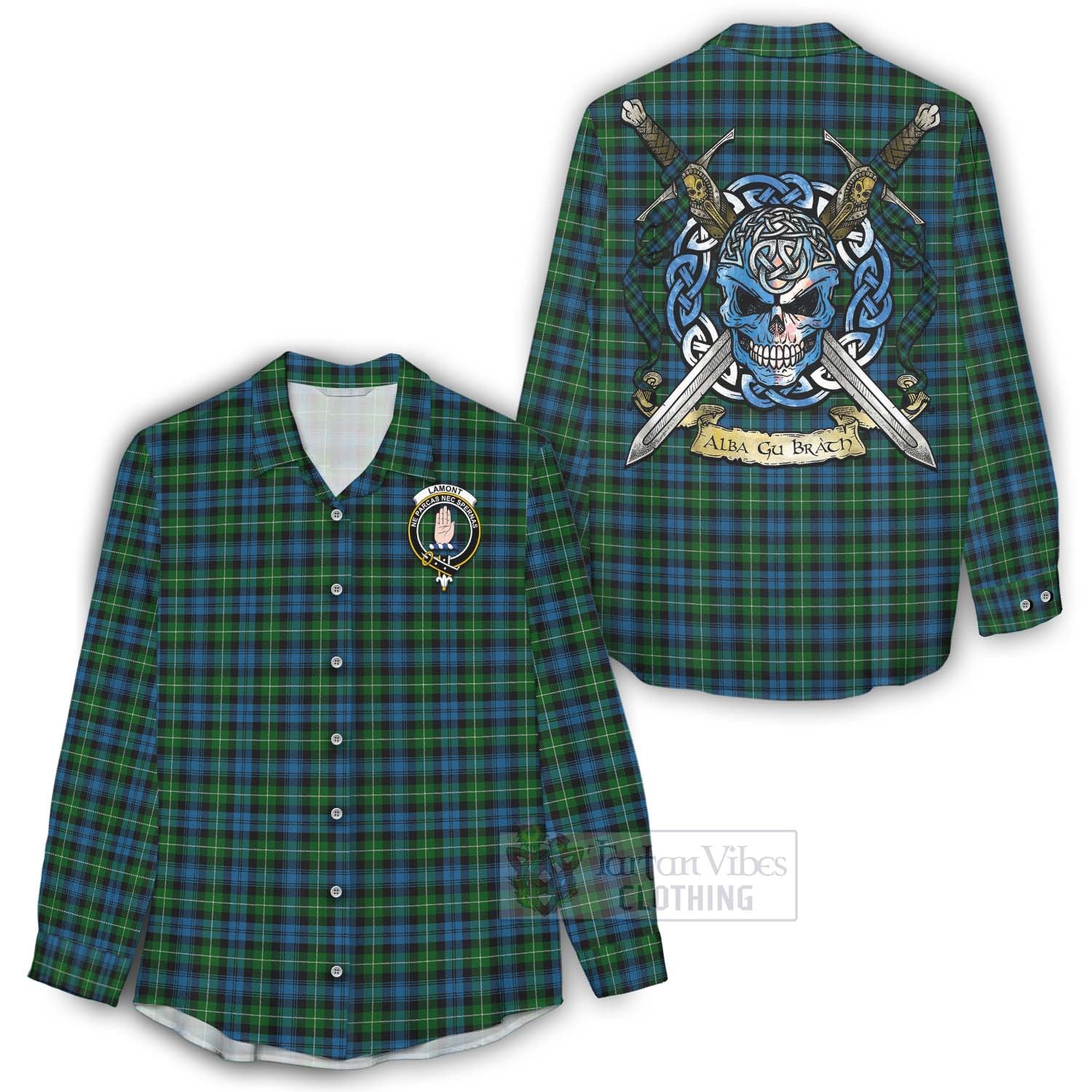 Tartan Vibes Clothing Lamont Tartan Women's Casual Shirt with Family Crest Celtic Skull Style