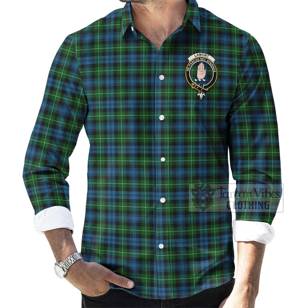 Tartan Vibes Clothing Lamont Tartan Long Sleeve Button Shirt with Family Crest and Bearded Skull Holding Bottles of Whiskey