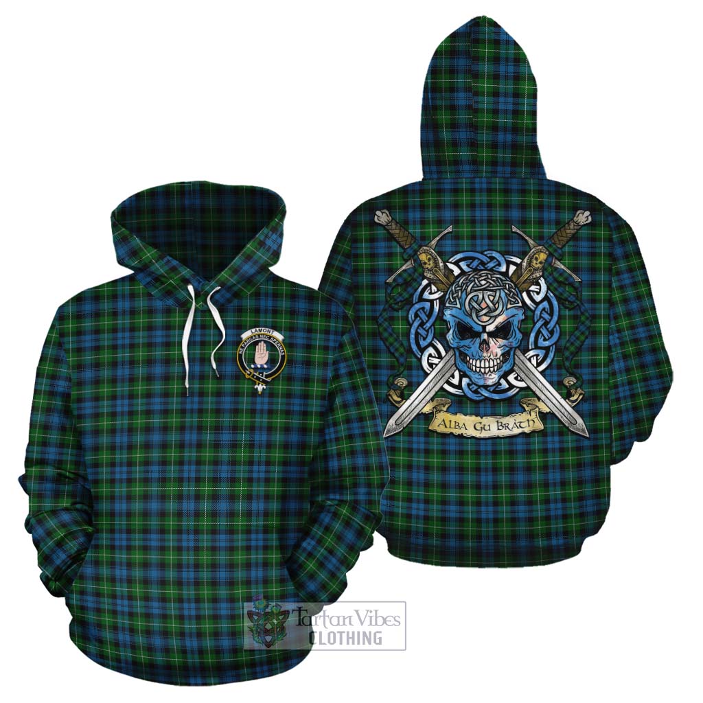 Tartan Vibes Clothing Lamont Tartan Cotton Hoodie with Family Crest Celtic Skull Style