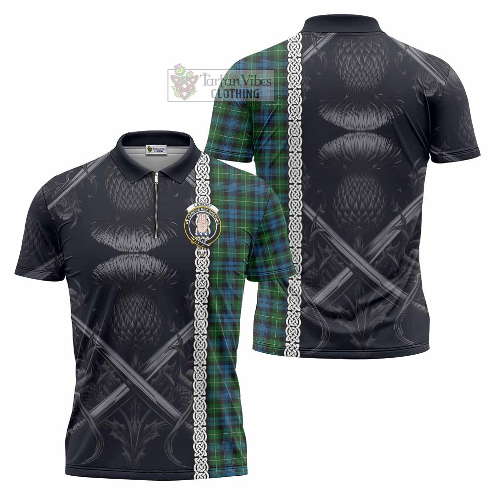 Tartan Vibes Clothing Lamont Tartan Zipper Polo Shirt with Family Crest Cross Sword Thistle Celtic Vibes