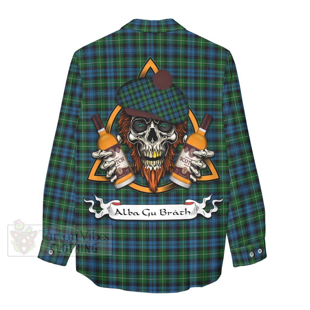 Tartan Vibes Clothing Lamont Tartan Women's Casual Shirt with Family Crest and Bearded Skull Holding Bottles of Whiskey