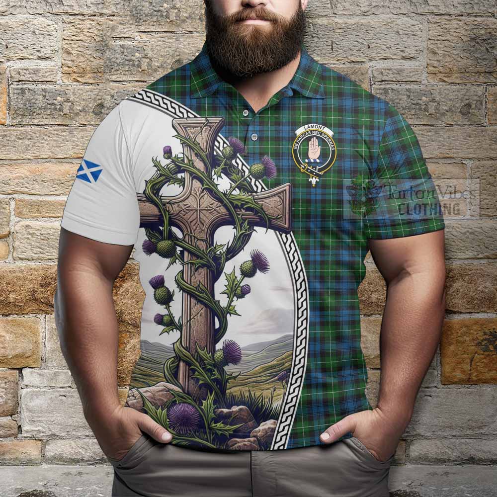 Tartan Vibes Clothing Lamont Tartan Polo Shirt with Family Crest and St. Andrew's Cross Accented by Thistle Vines