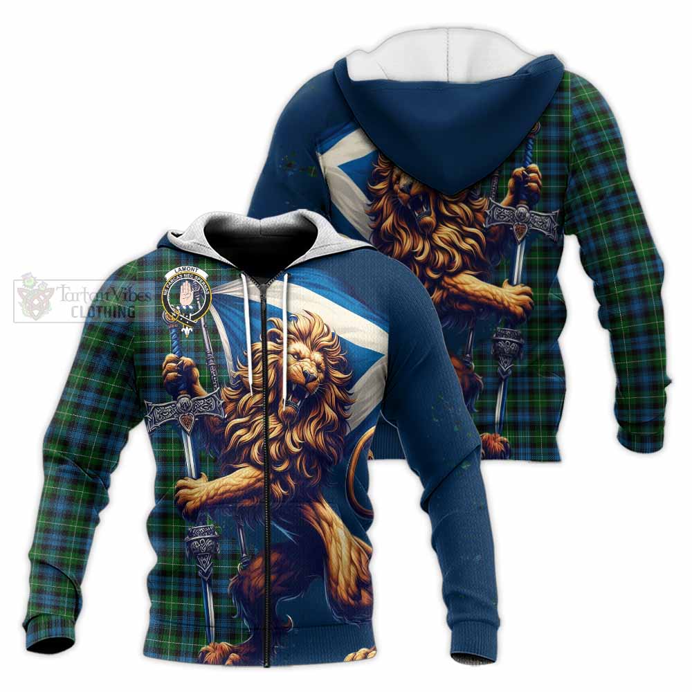 Tartan Vibes Clothing Lamont Tartan Family Crest Knitted Hoodie with Scottish Majestic Lion