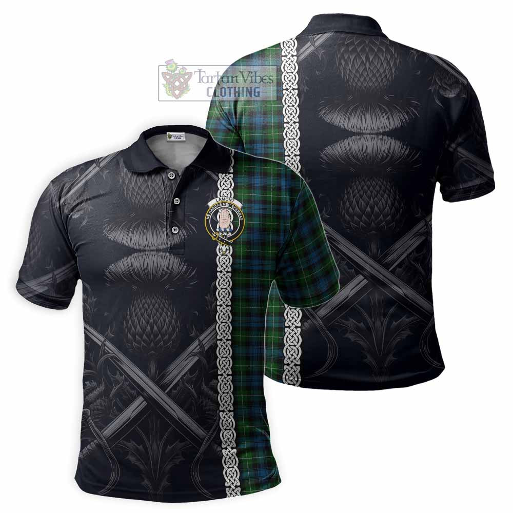 Tartan Vibes Clothing Lamont Tartan Polo Shirt with Family Crest Cross Sword Thistle Celtic Vibes