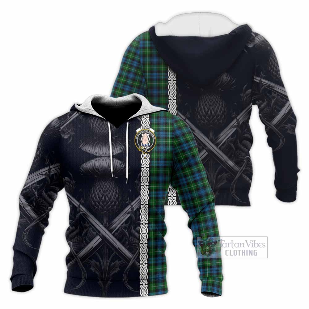 Tartan Vibes Clothing Lamont Tartan Knitted Hoodie with Family Crest Cross Sword Thistle Celtic Vibes