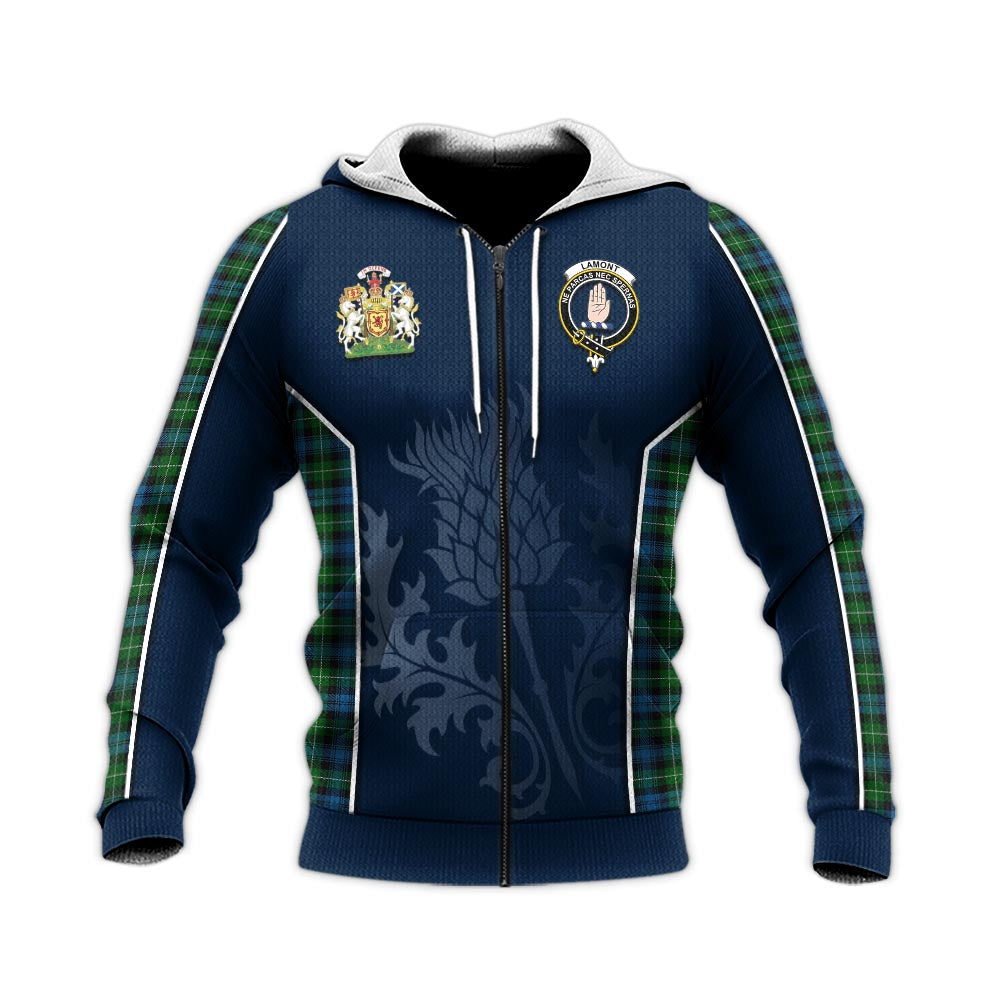 Tartan Vibes Clothing Lamont Tartan Knitted Hoodie with Family Crest and Scottish Thistle Vibes Sport Style