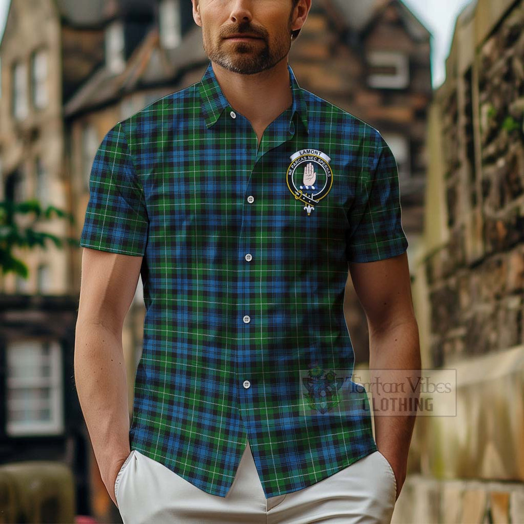 Tartan Vibes Clothing Lamont Tartan Short Sleeve Button Shirt with Family Crest and Bearded Skull Holding Bottles of Whiskey