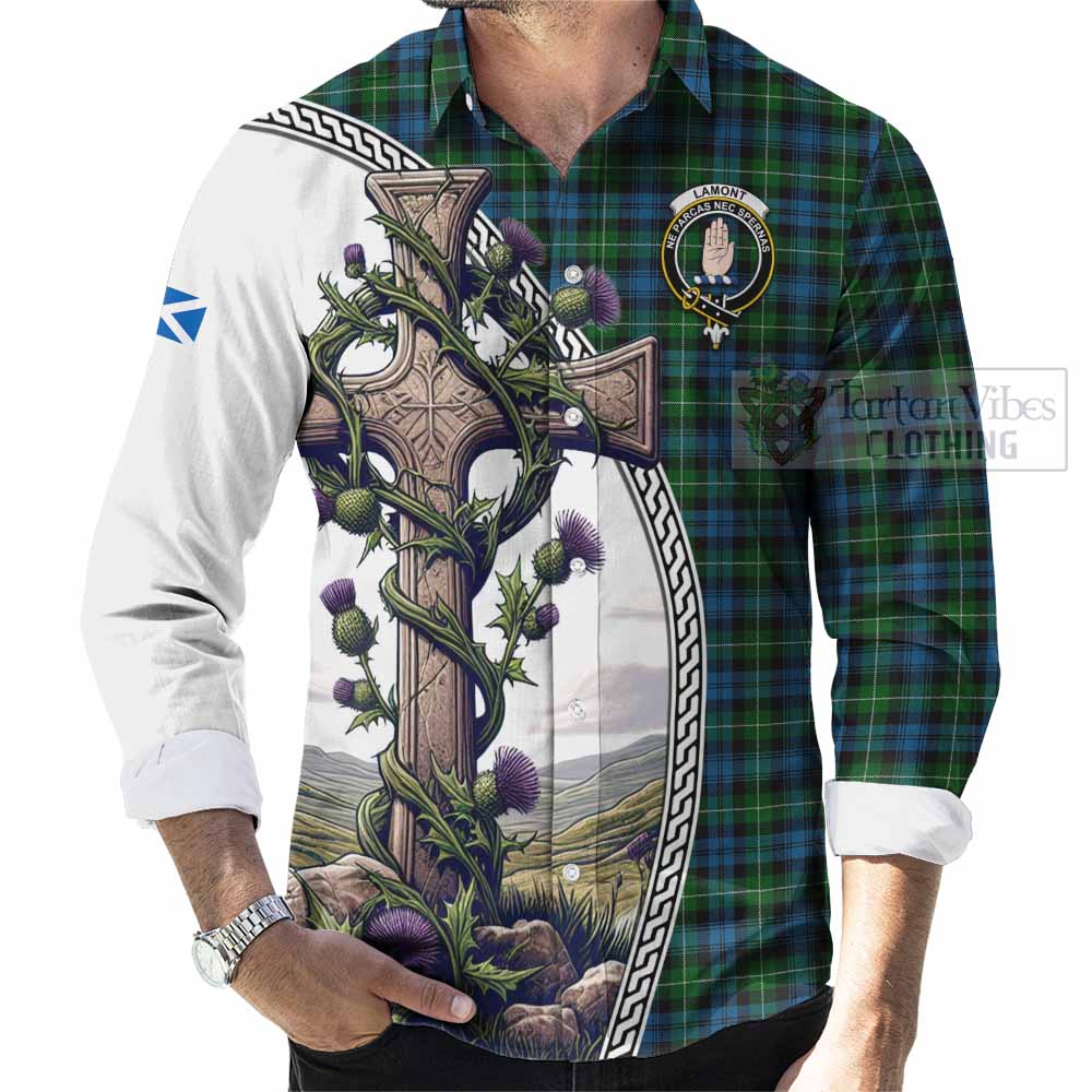 Tartan Vibes Clothing Lamont Tartan Long Sleeve Button Shirt with Family Crest and St. Andrew's Cross Accented by Thistle Vines