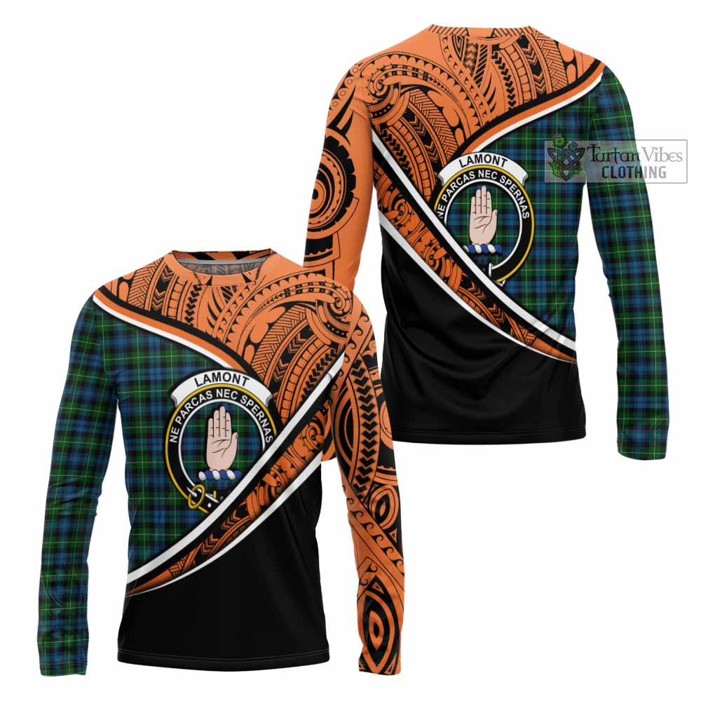 Tartan Vibes Clothing Lamont Crest Tartan Long Sleeve T-Shirt with Maori Tattoo Style - Orange Version