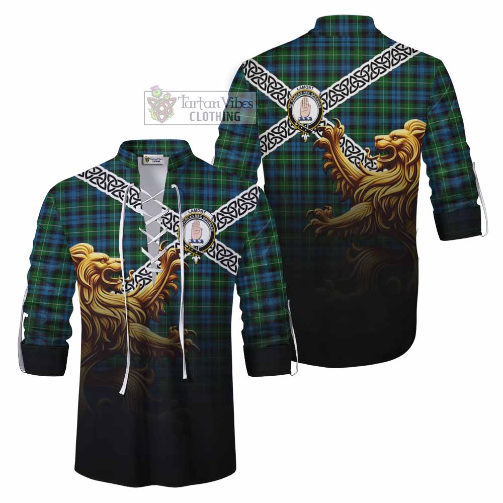 Lamont Crest Tartan Ghillie Kilt Shirt with Golden Lion Emblem Celtic Style - Tartan Vibes Clothing