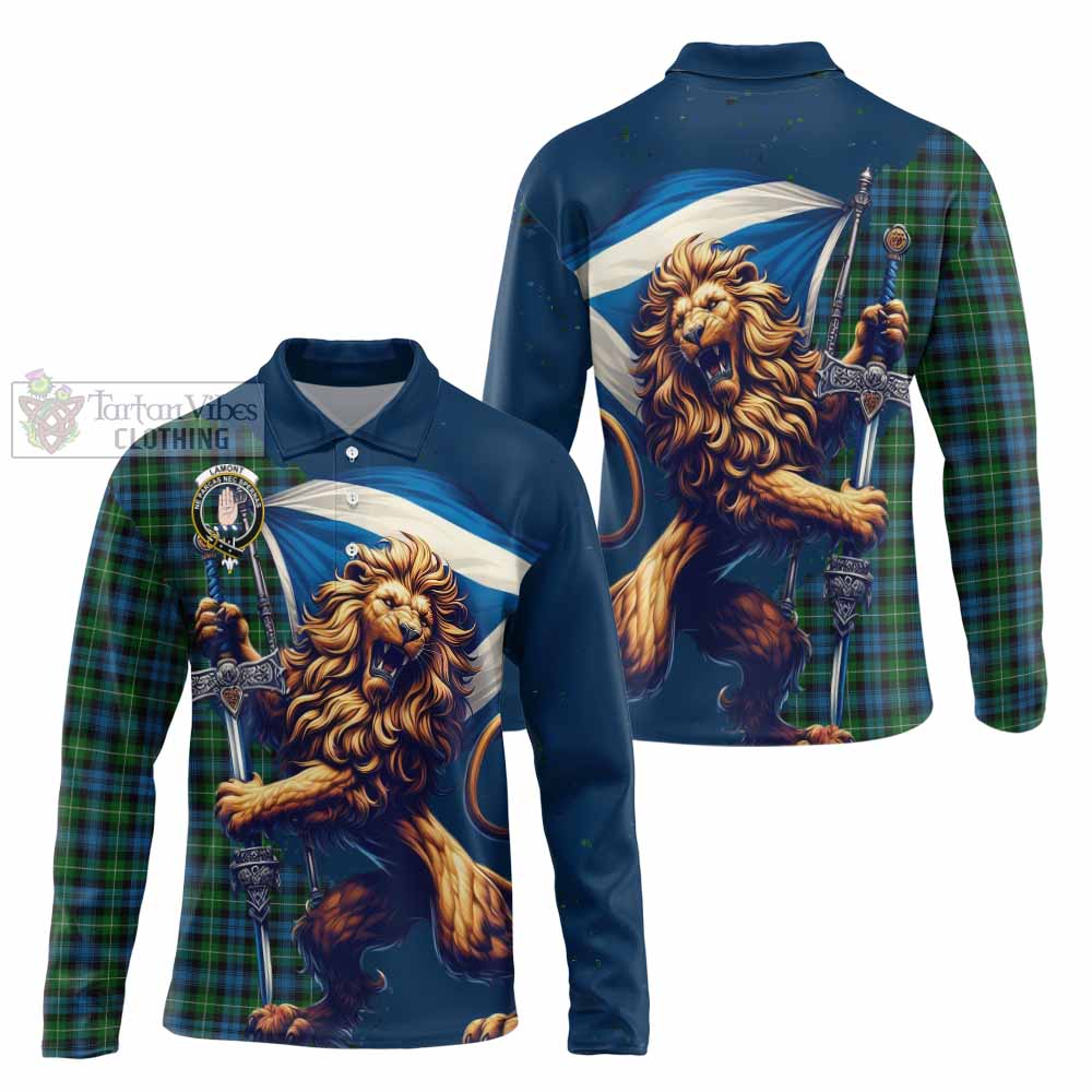 Tartan Vibes Clothing Lamont Tartan Family Crest Long Sleeve Polo Shirt with Scottish Majestic Lion