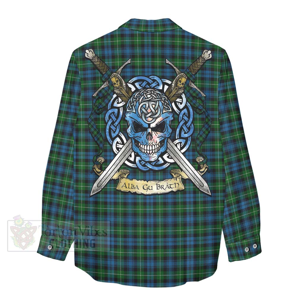 Tartan Vibes Clothing Lamont Tartan Women's Casual Shirt with Family Crest Celtic Skull Style