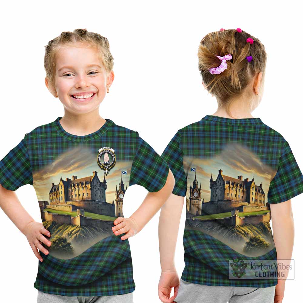 Lamont Tartan Family Crest Kid T-Shirt with Scottish Ancient Castle Style - Tartan Vibes Clothing