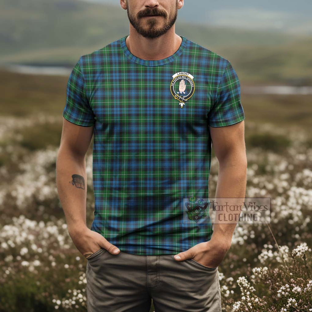 Tartan Vibes Clothing Lamont Tartan T-Shirt with Family Crest and Bearded Skull Holding Bottles of Whiskey