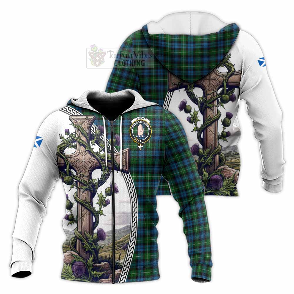 Tartan Vibes Clothing Lamont Tartan Knitted Hoodie with Family Crest and St. Andrew's Cross Accented by Thistle Vines