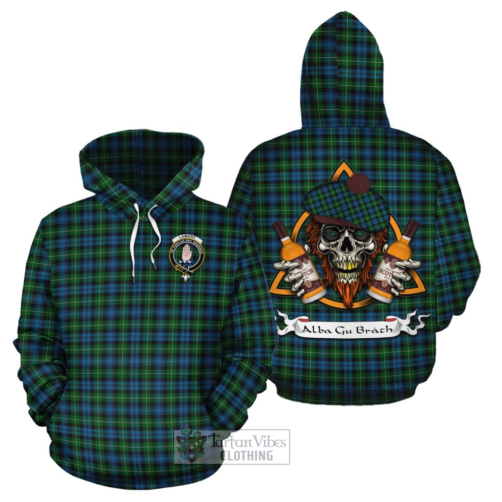 Tartan Vibes Clothing Lamont Tartan Cotton Hoodie with Family Crest and Bearded Skull Holding Bottles of Whiskey