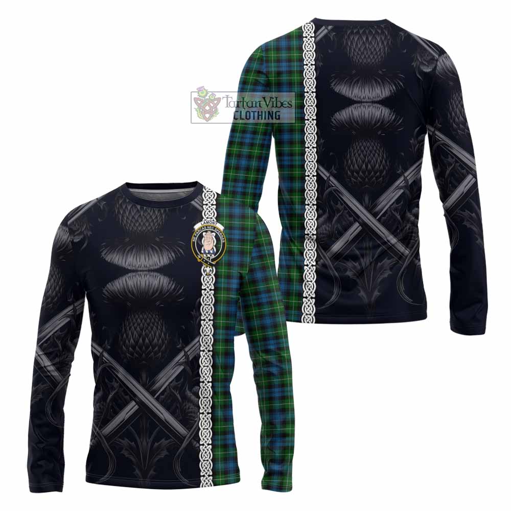Lamont Tartan Long Sleeve T-Shirt with Family Crest Cross Sword Thistle Celtic Vibes - Tartan Vibes Clothing