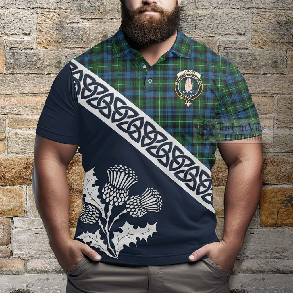 Lamont Tartan Polo Shirt Featuring Thistle and Scotland Map