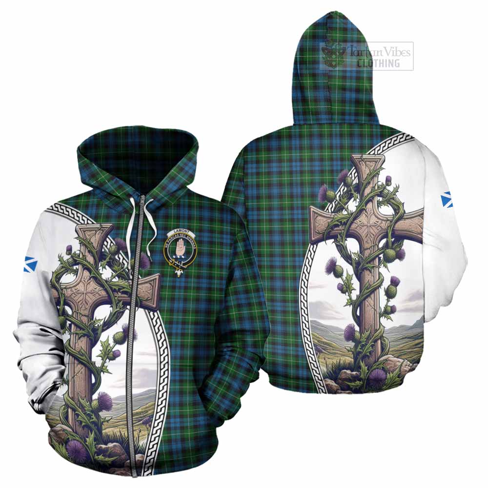 Tartan Vibes Clothing Lamont Tartan Hoodie with Family Crest and St. Andrew's Cross Accented by Thistle Vines