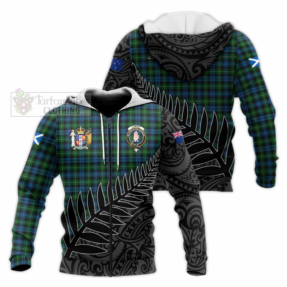 Tartan Vibes Clothing Lamont Crest Tartan Knitted Hoodie with New Zealand Silver Fern Half Style