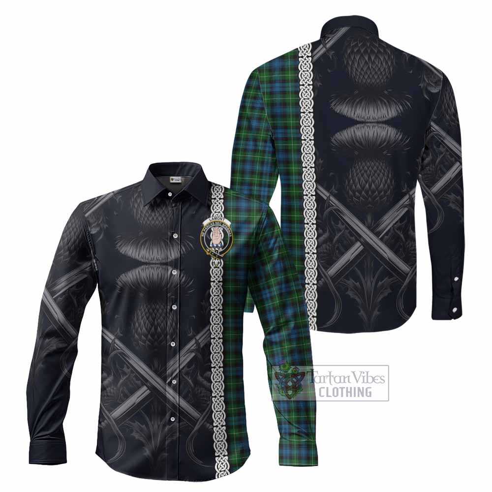 Tartan Vibes Clothing Lamont Tartan Long Sleeve Button Shirt with Family Crest Cross Sword Thistle Celtic Vibes