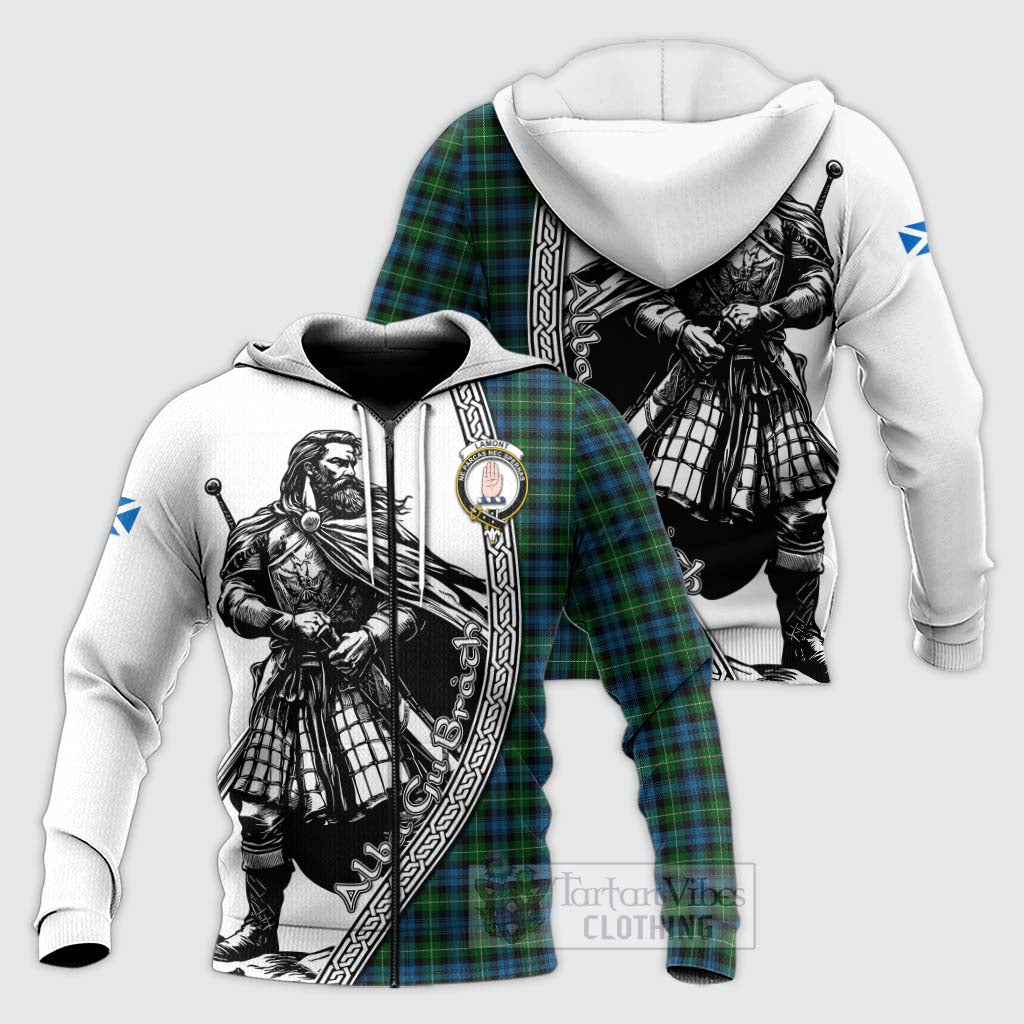 Tartan Vibes Clothing Lamont Tartan Clan Crest Knitted Hoodie with Highlander Warrior Celtic Style