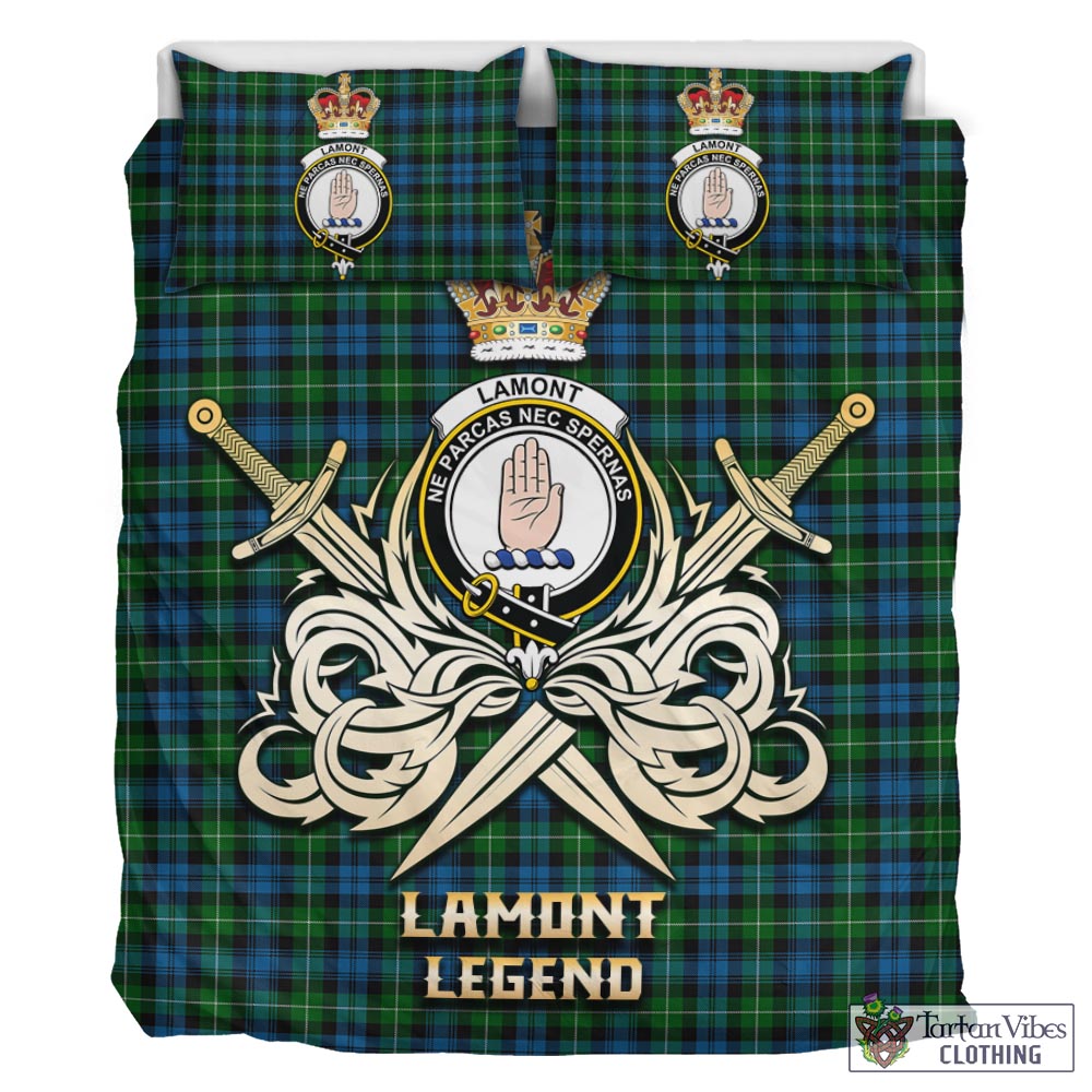 Tartan Vibes Clothing Lamont Tartan Bedding Set with Clan Crest and the Golden Sword of Courageous Legacy