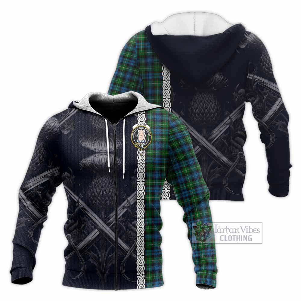 Tartan Vibes Clothing Lamont Tartan Knitted Hoodie with Family Crest Cross Sword Thistle Celtic Vibes