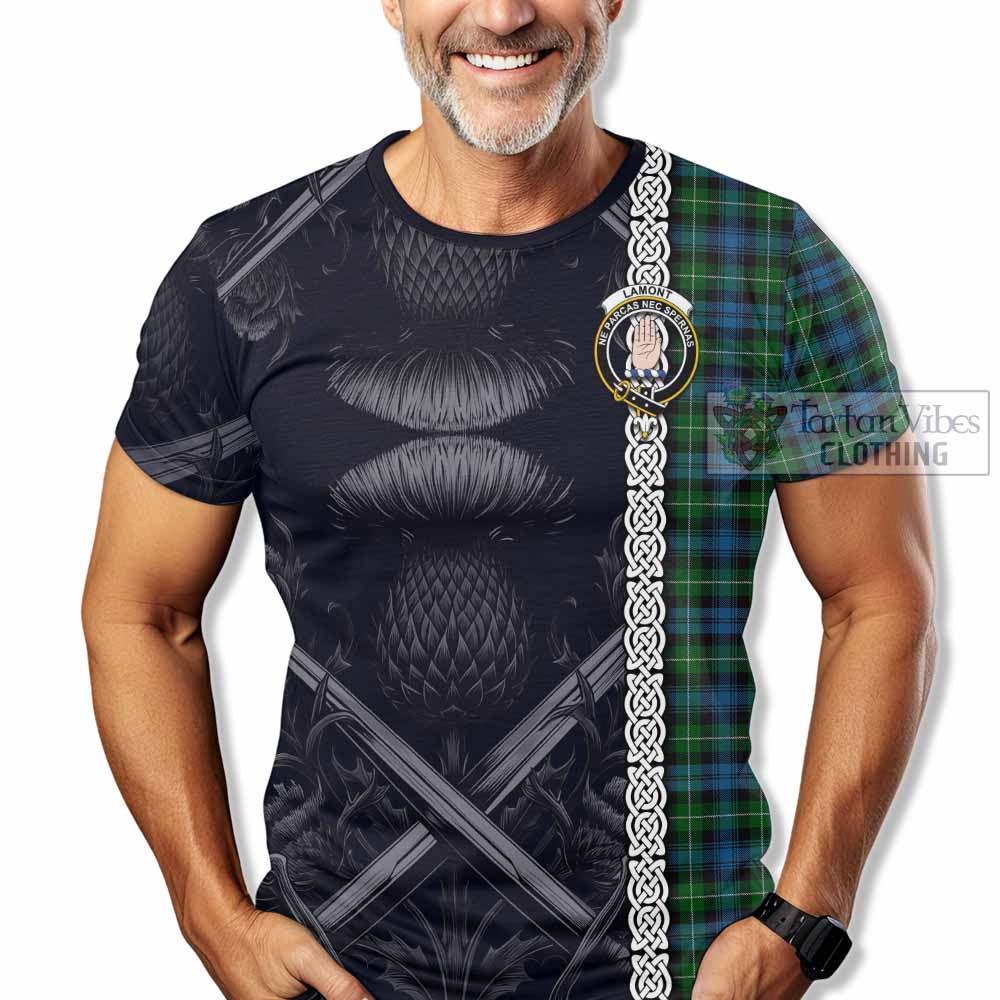 Tartan Vibes Clothing Lamont Tartan T-Shirt with Family Crest Cross Sword Thistle Celtic Vibes