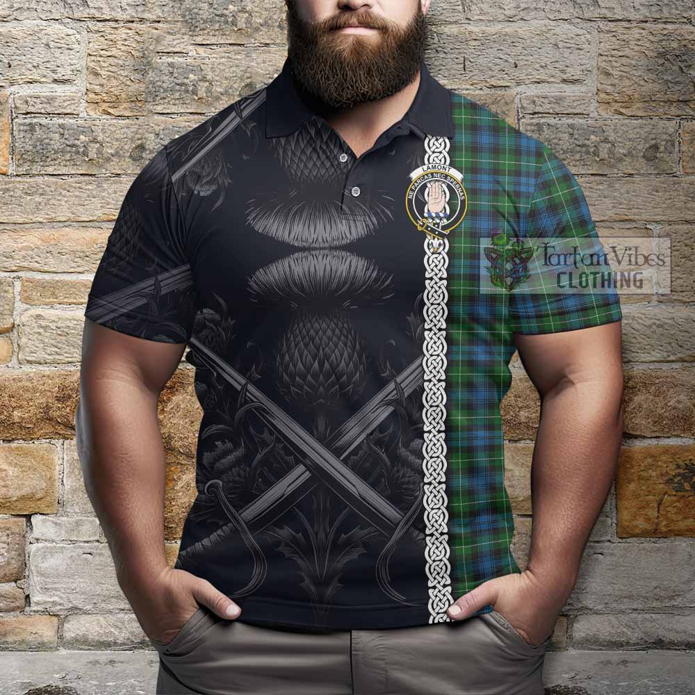 Tartan Vibes Clothing Lamont Tartan Polo Shirt with Family Crest Cross Sword Thistle Celtic Vibes